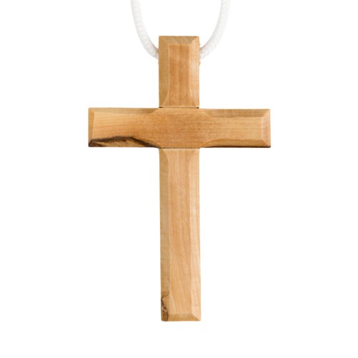 Croix d aube en bois d olivier de Terre Sainte bords biseautes 7 cm avec cordon blanc 60 cm.