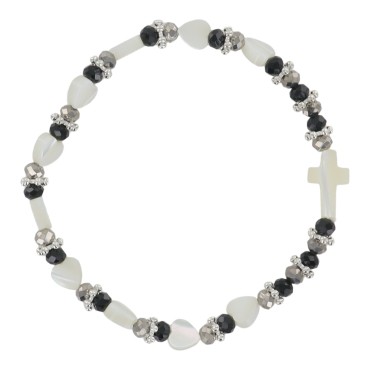 Bracelet dizainier sur élastique grains en nacre forme cœur et grains noirs Ø 5 mm avec croix nacre.