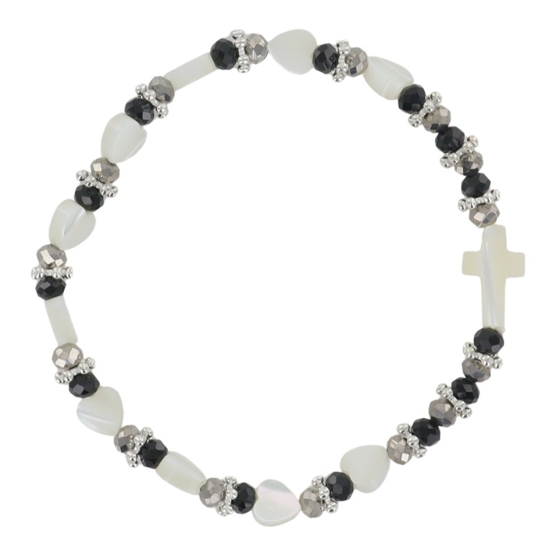 Bracelet dizainier sur élastique grains en nacre forme cœur et grains noirs Ø 5 mm avec croix nacre.
