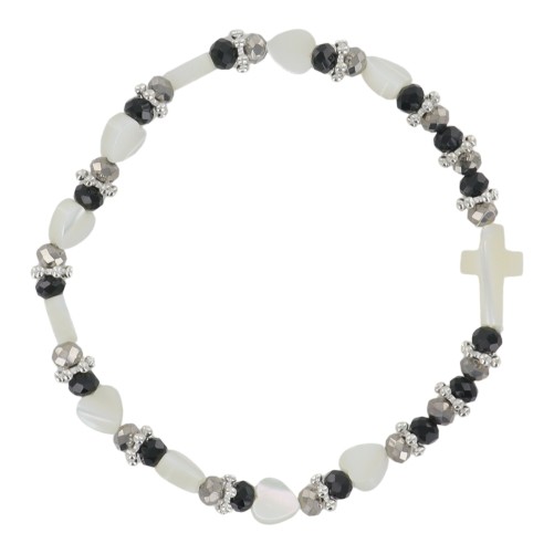 Bracelet dizainier sur élastique grains en nacre forme cœur et grains noirs Ø 5 mm avec croix nacre.