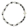 Bracelet dizainier sur élastique grains en nacre forme cœur et grains noirs Ø 5 mm avec croix nacre.