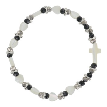 Bracelet dizainier sur élastique grains en nacre forme cœur et grains noirs Ø 5 mm avec croix nacre.