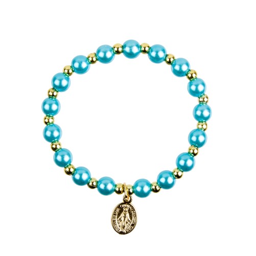 Bracelet sur elastique couleur doree grains imitation nacre Ø 7 mm, medaille Vierge Miraculeuse.