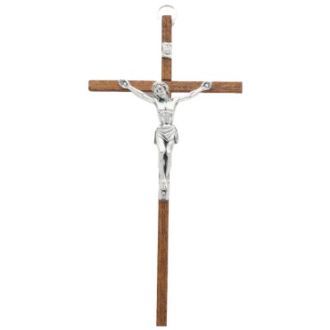 Crucifix bois fonce avec Christ metal couleur argentee - H. 16 cm.
