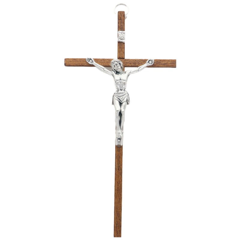 Crucifix bois fonce avec Christ metal couleur argentee - H. 16 cm.
