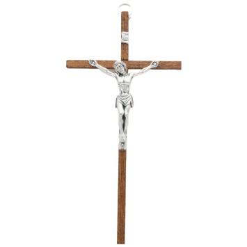 Crucifix bois fonce avec Christ metal couleur argentee - H. 16 cm.