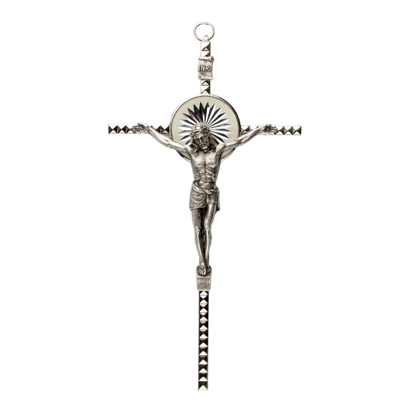 Crucifix avec Christ métal couleur argenté et rayons - H. 16 cm.