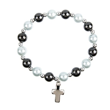 Bracelet sur elastique en hematite avec grains nacres Ø 8 mm, avec croix.
