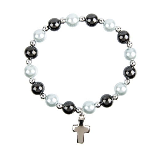 Bracelet sur elastique en hematite avec grains nacres Ø 8 mm, avec croix.