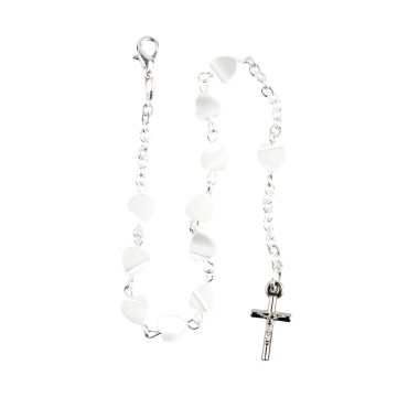 Bracelet dizainier sur chaine couleur argentée grains nacre forme cœur, Ø 7 mm, avec croix métal.