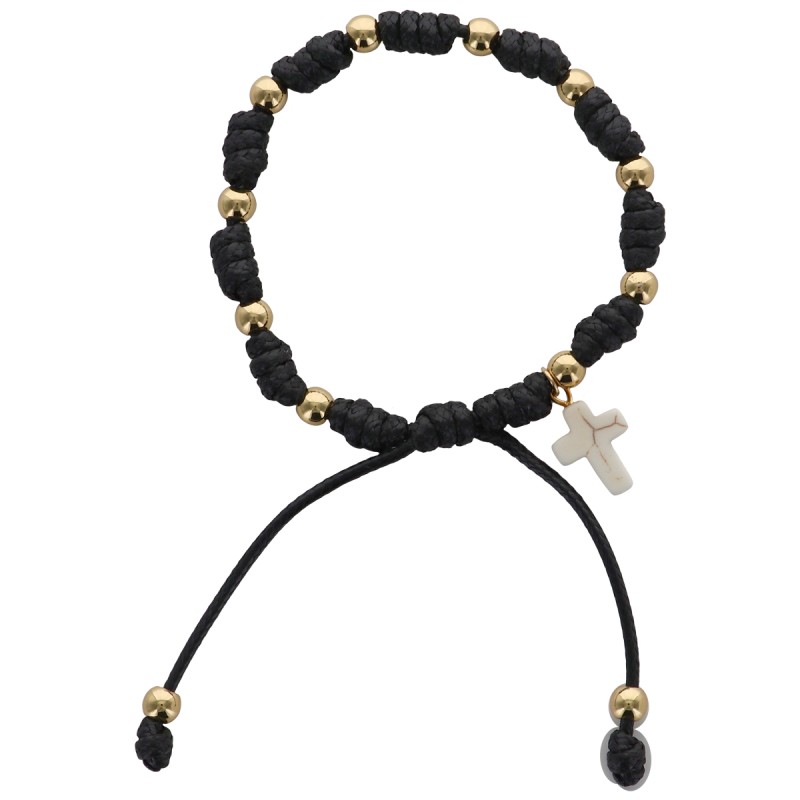 Bracelet dizainier sur corde reglable, grains de couleurs dores Ø 5 mm et croix. Existe en differentes couleurs.