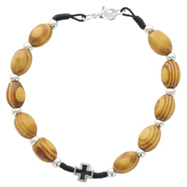 Bracelet sur corde grains ovales en bois Ø 7 mm avec croix métal noir.