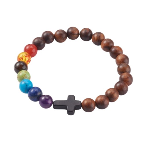 Bracelet sur elastique grains en bois et pierres multicolores Ø 8 mm et croix.