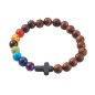 Bracelet sur elastique grains en bois et pierres multicolores Ø 8 mm et croix.