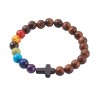 Bracelet sur elastique grains en bois et pierres multicolores Ø 8 mm et croix.