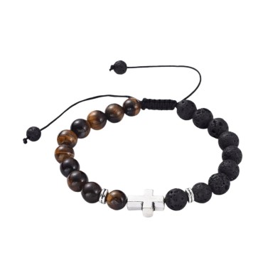 Bracelet sur corde reglable grains en pierre de lave et œil de tigre Ø 6/8 mm avec croix.