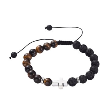 Bracelet sur corde reglable grains en pierre de lave et œil de tigre Ø 6/8 mm avec croix.