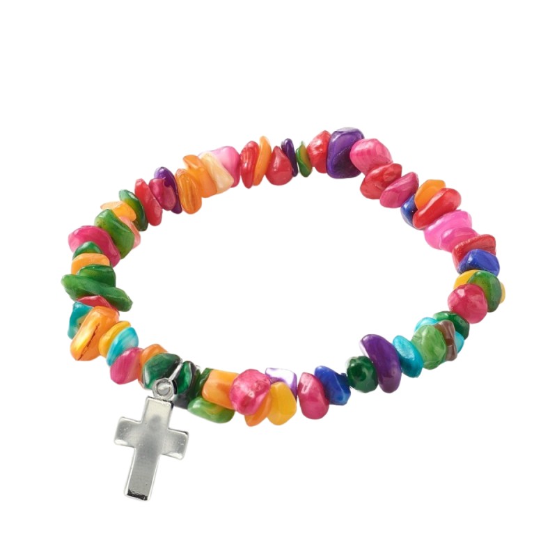 Bracelet sur elastique pour enfant, eclats de coquillage colores 7 mm.