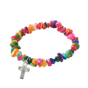 Bracelet sur elastique pour enfant, eclats de coquillage colores 7 mm.