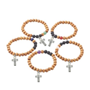 Bracelet sur élastique grains bois et pierres de lave / pierre naturelle Ø 8 mm. LOT DE 5 ASSORTIS