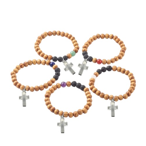 Bracelet sur élastique grains bois et pierres de lave / pierre naturelle Ø 8 mm. LOT DE 5 ASSORTIS