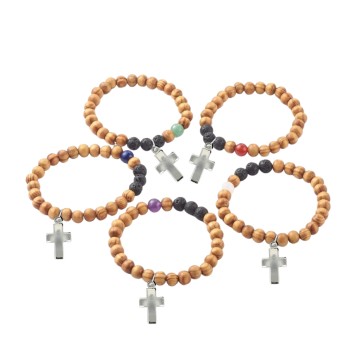 Bracelet sur élastique grains bois et pierres de lave / pierre naturelle Ø 8 mm. LOT DE 5 ASSORTIS