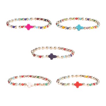 Bracelets sur elastique grain perle verre multicolore Ø 4 mm avec croix. LOT DE 5 ASSORTIS