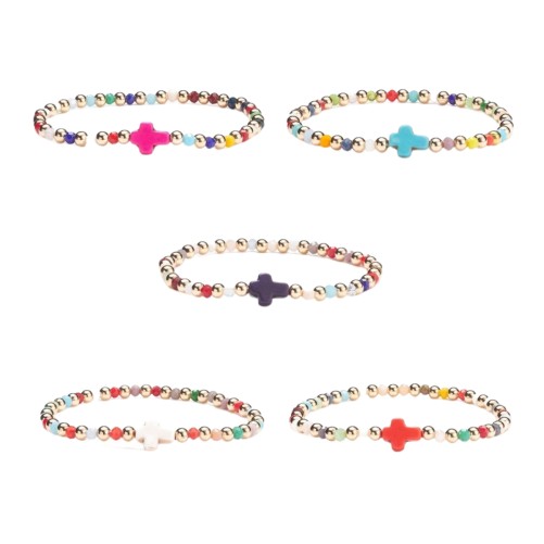 Bracelets sur elastique grain perle verre multicolore Ø 4 mm avec croix. LOT DE 5 ASSORTIS