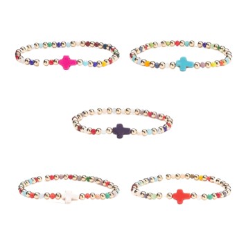 Bracelets sur elastique grain perle verre multicolore Ø 4 mm avec croix. LOT DE 5 ASSORTIS