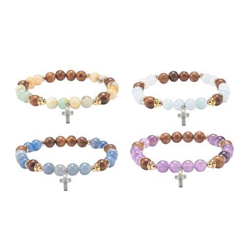 Bracelet sur elastique grains bois de wenge et pierres naturelles Ø 8 mm. LOT DE 4 ASSORTIS