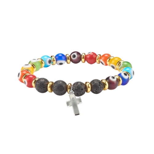Bracelet sur elastique grains en verre style murano et pierre de lave Ø 7 mm.