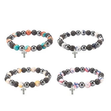 Bracelet sur elastique grains en pierre de lave, hematite et pierre naturelle Ø 8 mm. LOT DE 4 ASSORTIS