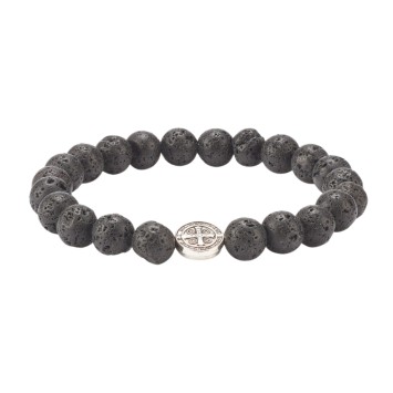 Bracelet sur elastique grains en pierre de lave Ø 8 mm avec medaille de saint Benoit 10 mm.