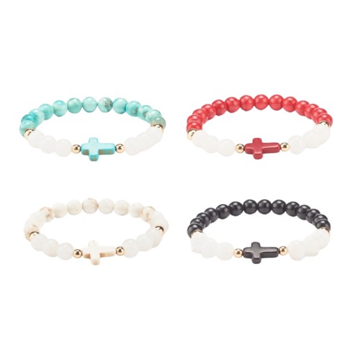 Bracelet sur corde grains en jade et pierre Ø 8 mm avec croix. LOT DE 4 ASSORTIS