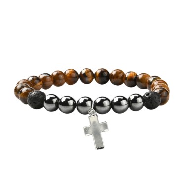 Bracelet sur elastique en pierre de lave, hematite et œil de tigre Ø 8 mm.