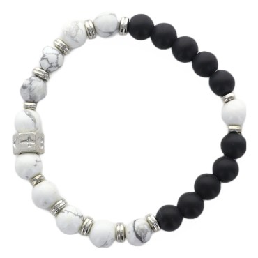 Bracelet dizainier élastique, grains en howlite et jade noir 8 mm.