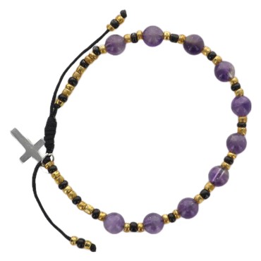 Bracelet dizainier réglable sur corde, grains en pierre 6 mm, croix en métal. Disponible en différentes pierres.
