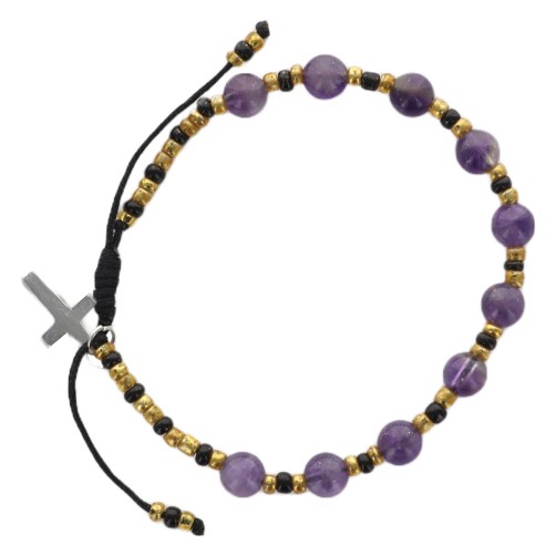 Bracelet dizainier sur corde réglable, grains en pierre Ø 6 mm, avec croix en métal. Existe en différentes pierres.