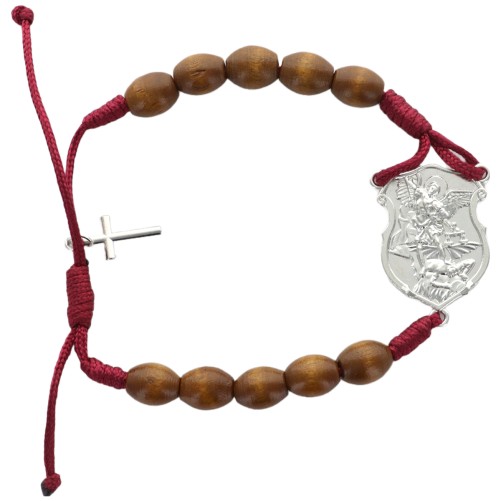 Bracelet dizainier réglable sur corde, grains en bois 7 mm, avec croix en métal. Différents Saints disponibles.