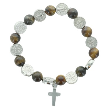 Bracelet dizainier élastique, grains en œil de tigre et paters de saints Ø 1 cm. Plusieurs saints disponibles.
