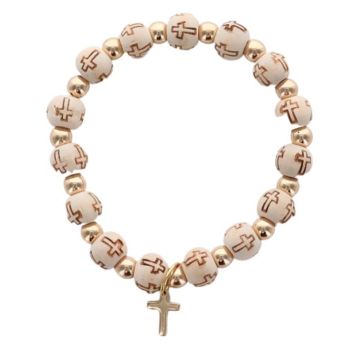 Bracelet sur elastique grains en bois Ø 8 mm et en hematite plaquage couleur doree avec croix couleur doree.