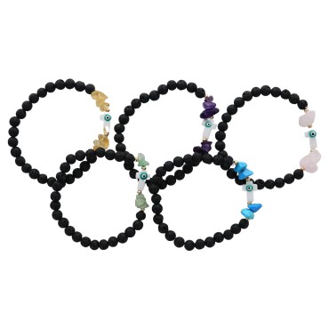 Bracelet sur elastique pierre de lave Ø 7 mm et pierre avec croix. LOT DE 5 ASSORTIS