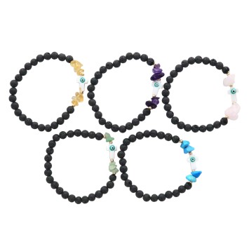 Bracelet sur elastique pierre de lave Ø 7 mm et pierre avec croix. LOT DE 5 ASSORTIS