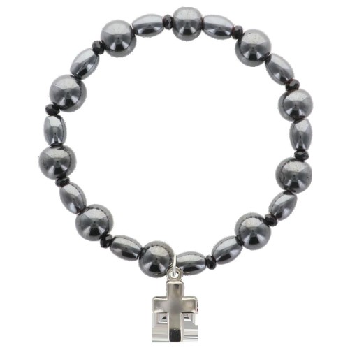 Bracelet dizainier sur élastique grains en hématite ronds et ovales avec croix en métal.