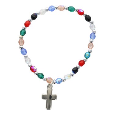 Bracelet sur élastique pour enfant, grains multicolores Ø 4 mm, avec croix.
