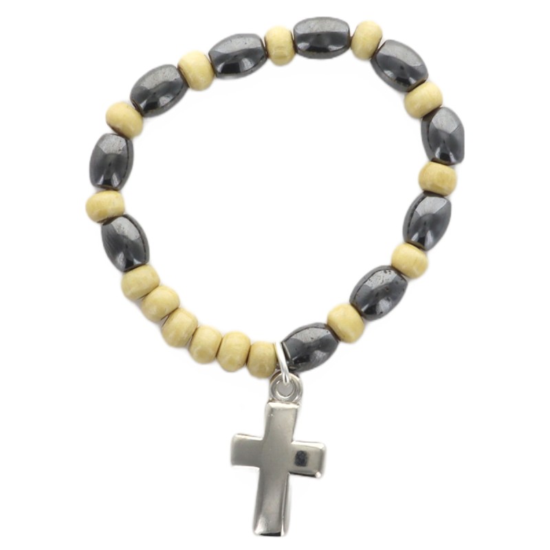 Dizainier sur élastique en bois et hématite Ø 5 mm avec croix métal.