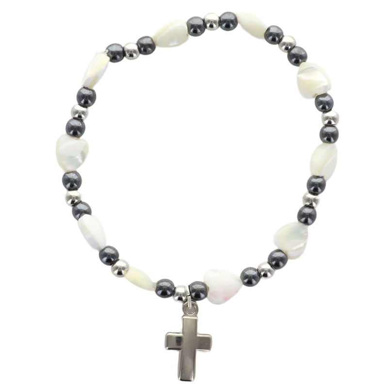 Bracelet dizainier sur élastique grains nacrés forme cœur et hématite avec croix métal.