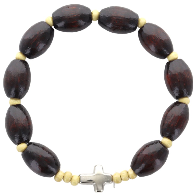 Bracelet dizainier sur élastique grains bois Ø 10 mm avec croix