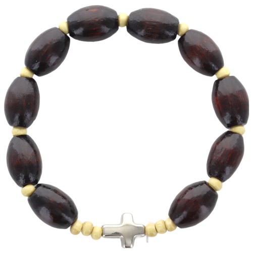 Bracelet dizainier sur élastique grains bois Ø 10 mm avec croix