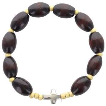 Bracelet dizainier sur élastique grains bois Ø 10 mm avec croix